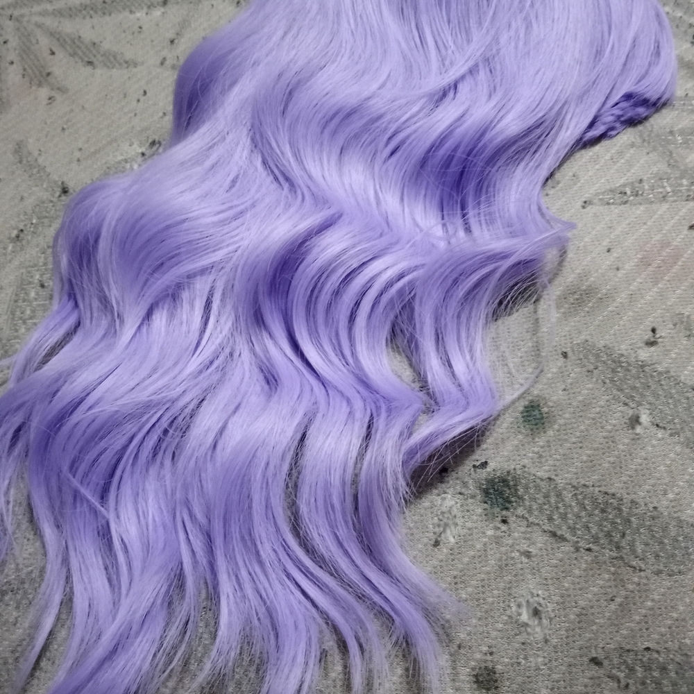 Lavender mid length wig with bangs wavy for cosplay wear